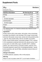 Supplement facts for Snickers high protein bar showing nutritional info, ingredients, and allergens.